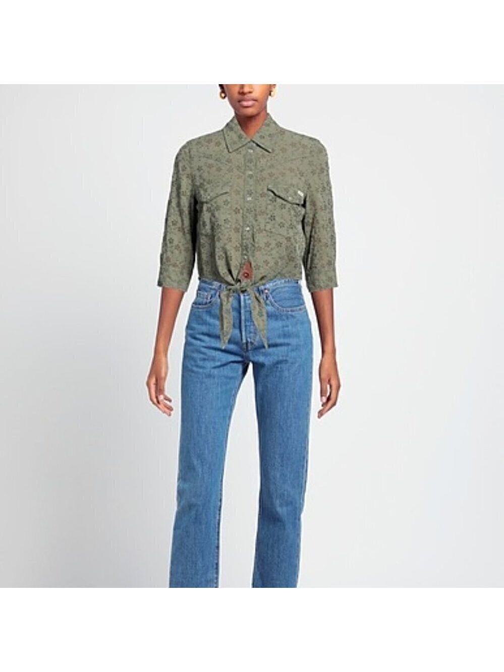 GUESS Eyelet Denim Tie Front Pin Up Shirt Size Medium